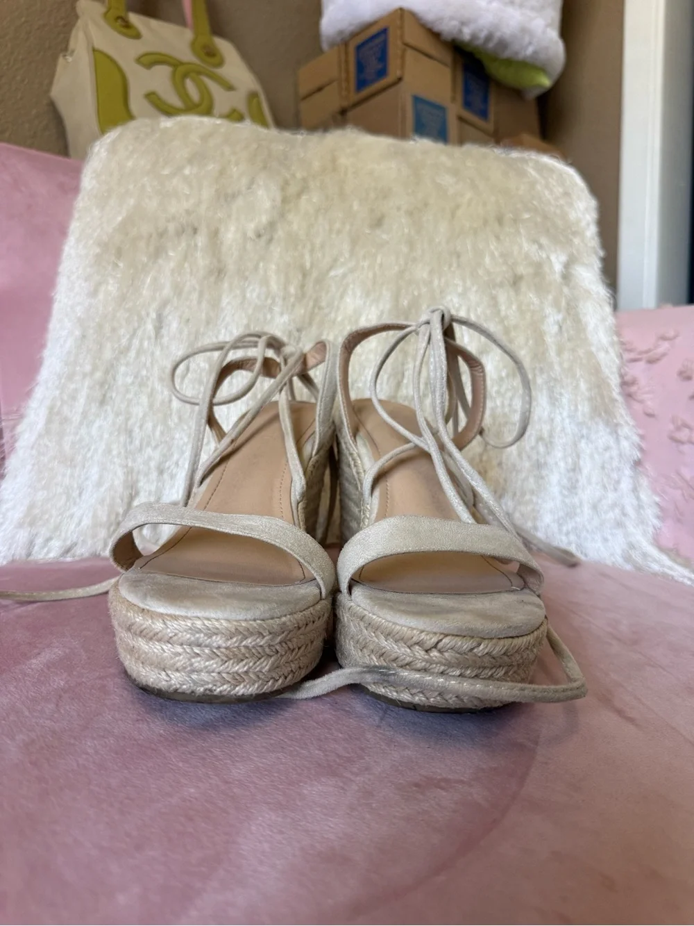 Lace-Up Espadrille Wedge Sandals - Neutral Beige Size 7.5